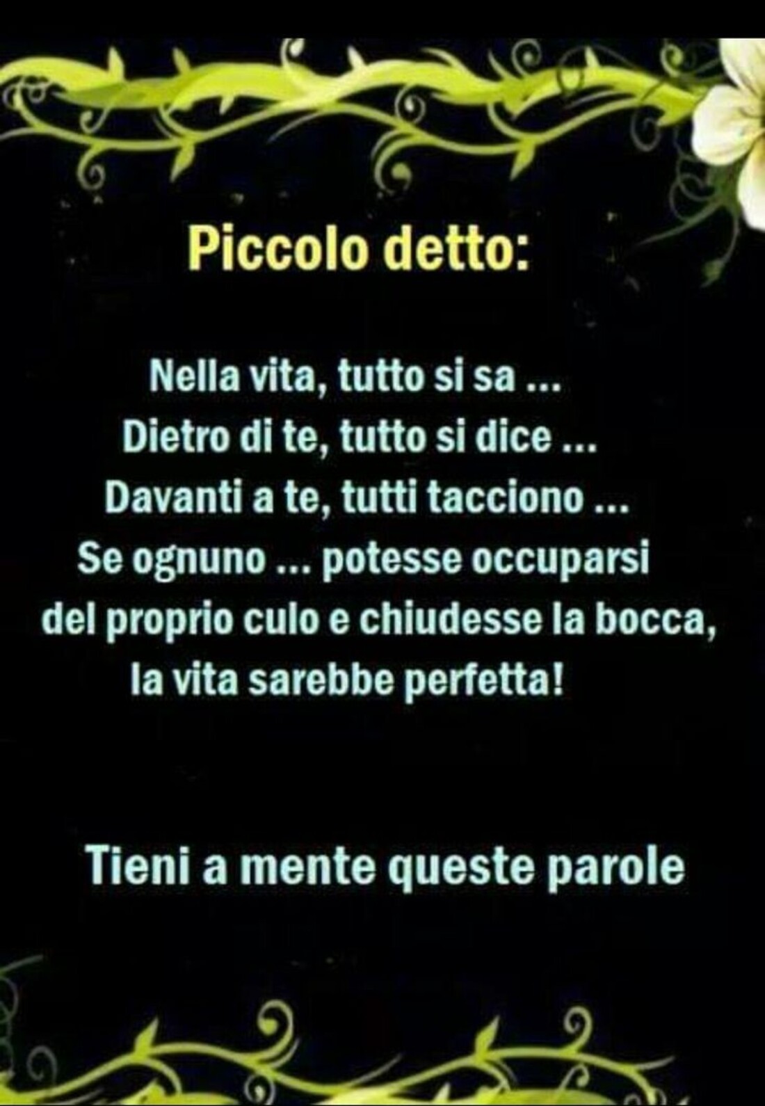 Piccolo detto: Nella vita, tutto si sa...Dietro di te, tutto si dice...Davanti a te, tutti tacciono...Se ognuno...potesse occuparsi del proprio sedere e chiudesse la bocca, la vita sarebbe perfetta!Tieni a mente queste parole