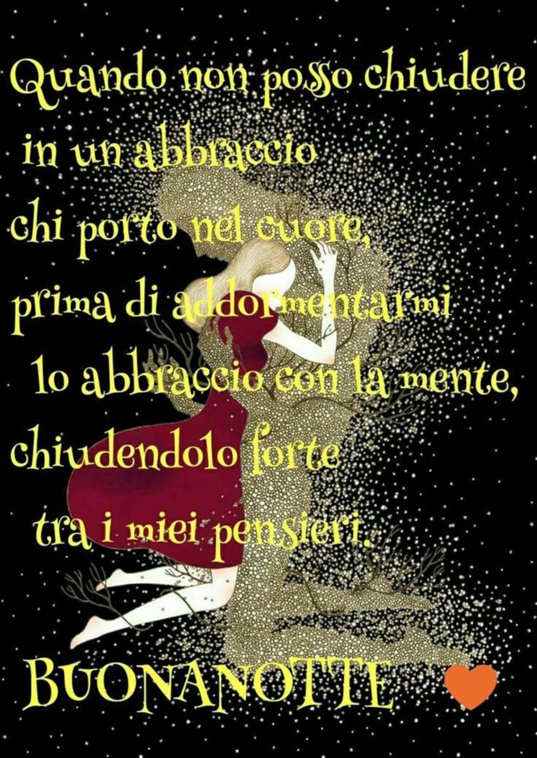 Quando non posso chiudere in un abbraccio chi porto nel cuore, prima di addormentarmi lo abbraccio con la mente, chiudendolo forte tra i miei pensieri. Buonanotte