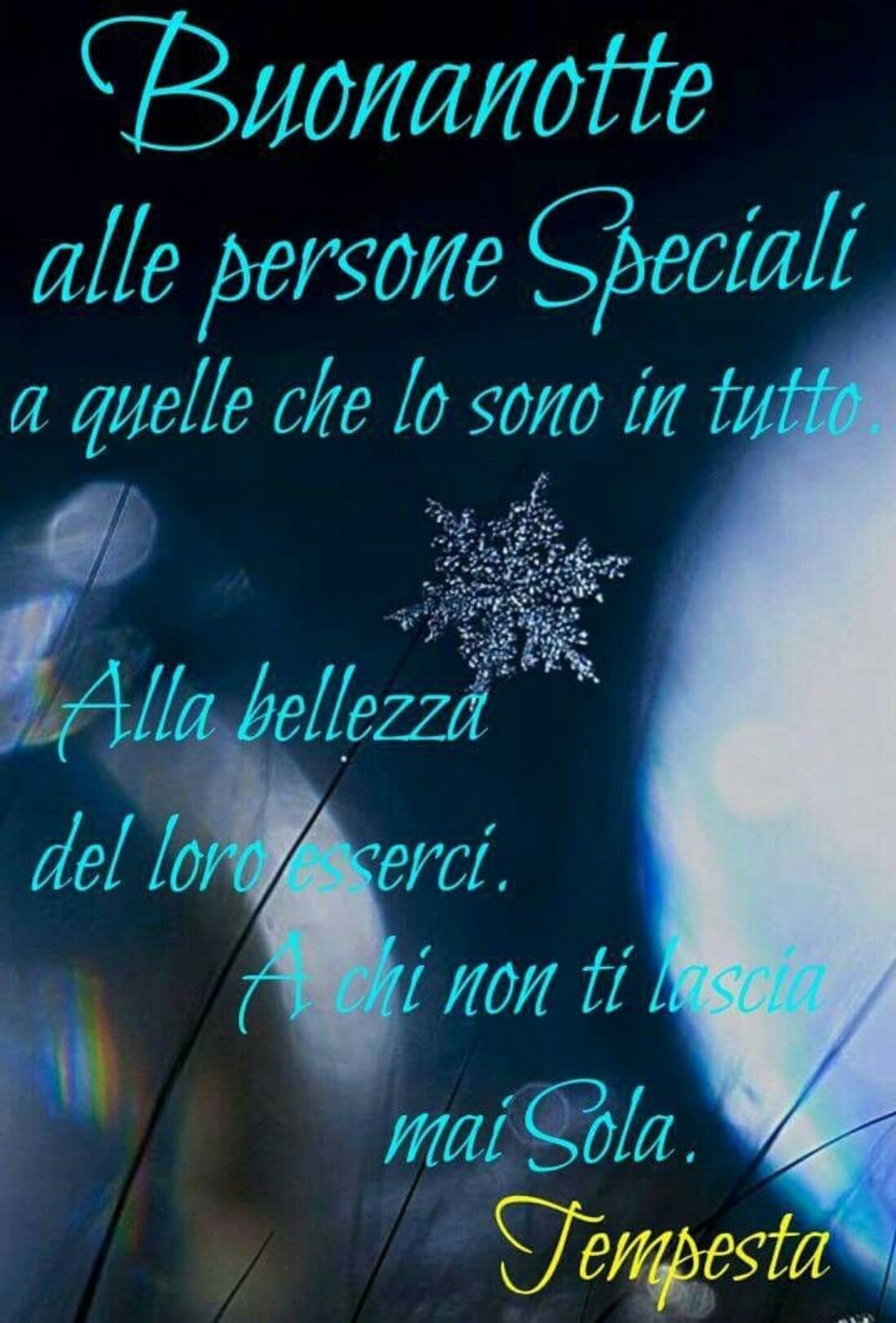 Buonanotte alle persone speciali, a quelle che lo sono in tutto. Alla bellezza del loro esserci! A chi non ti lascia mai sola