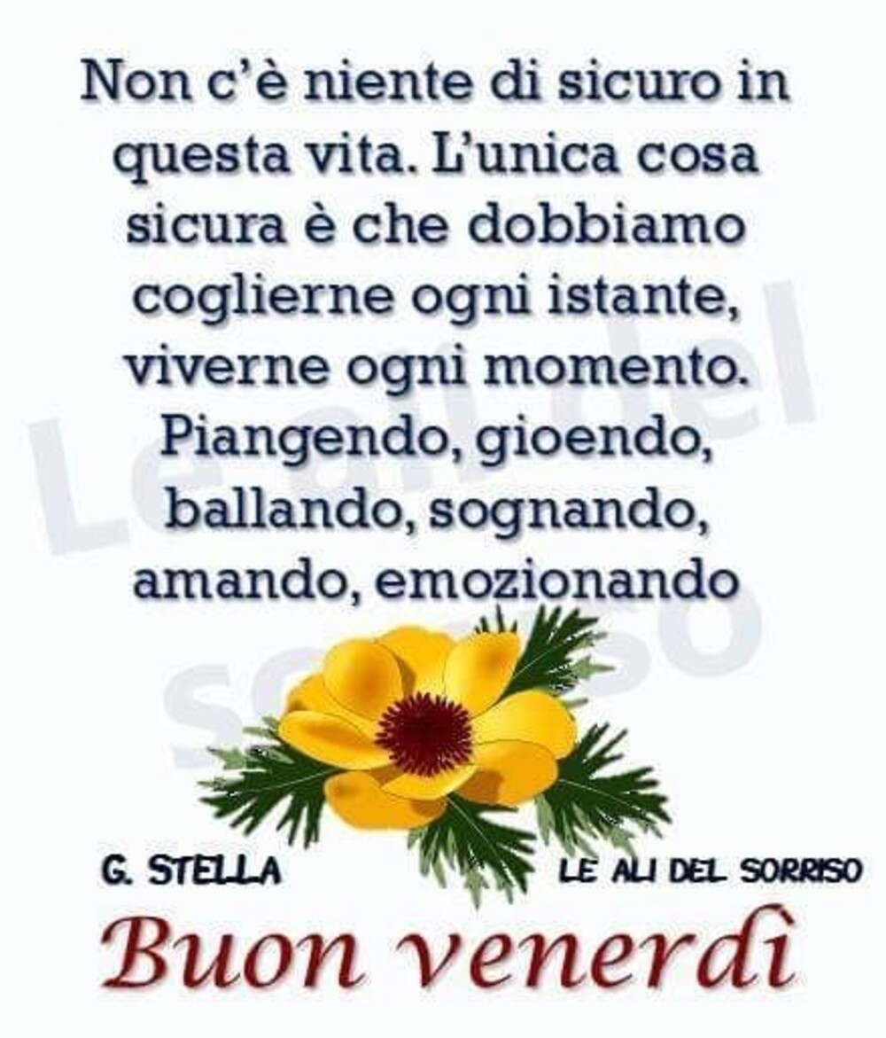 Non c'è niente di sicuro in questa vita. L'unica cosa sicura è che dobbiamo coglierne ogni istante, viverne ogni momento. Piangendo, gioendo, ballando, sognando, amando, emozionando...Buon Venerdì