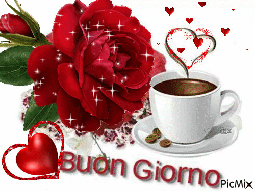 Buon Giorno con caffè ed una rosa rossa - GIF